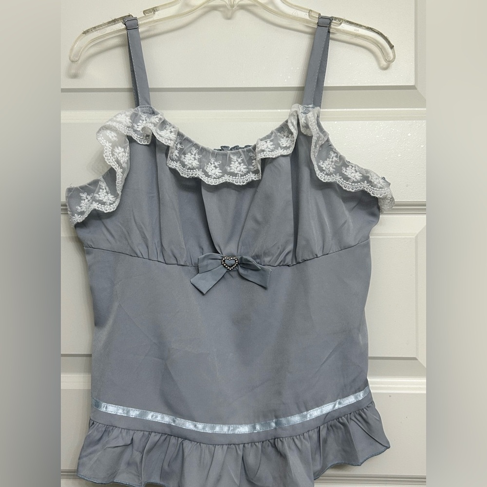 SHEIN Blue Camisole with White Lace Trim